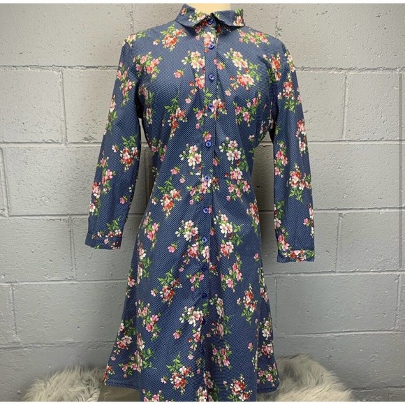 Floral Swiss Dot Shirt Dress Collared Midi Dress Long Sleeve Large Cottage Core - Picture 4 of 8